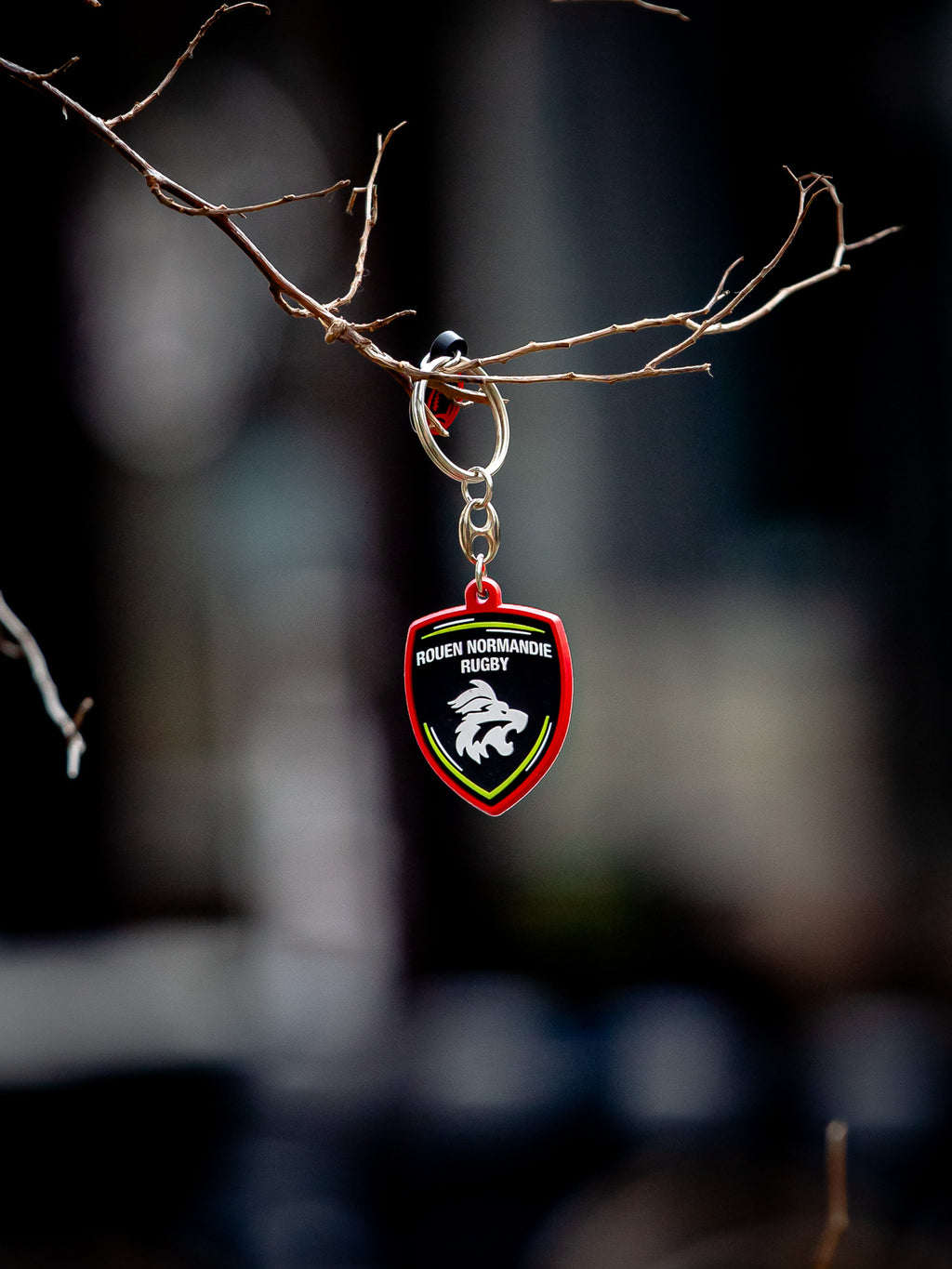 Un Porte-Clés RNR du Rouen Normandie Rugby, en forme de bouclier avec un logo de loup blanc, est suspendu à une petite branche nue sur un fond flou - l'accessoire idéal pour les supporters.